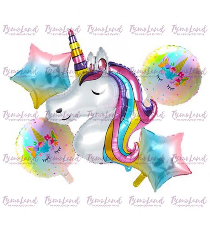 Bouquet De 05 Ballons Tête De Licorne Arc En Ciel
